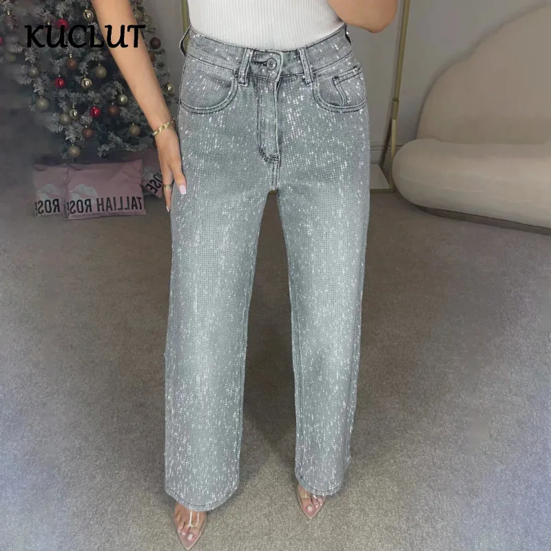 

KUCLUT Streetwear Fashion Denim Trousers Women Full Diamond Straight Leg Jeans Slim Summer New High Waist Casual Pants Female
