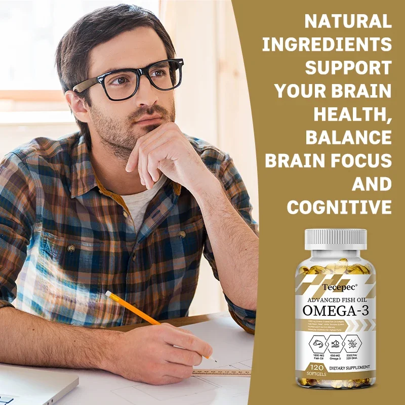 Omega 3 Fish Oil Softgels - Rich in EPA DHA, Helps Immune Brain Joint & Heart Health Non-GMO Gluten-Free Dietary Supplement