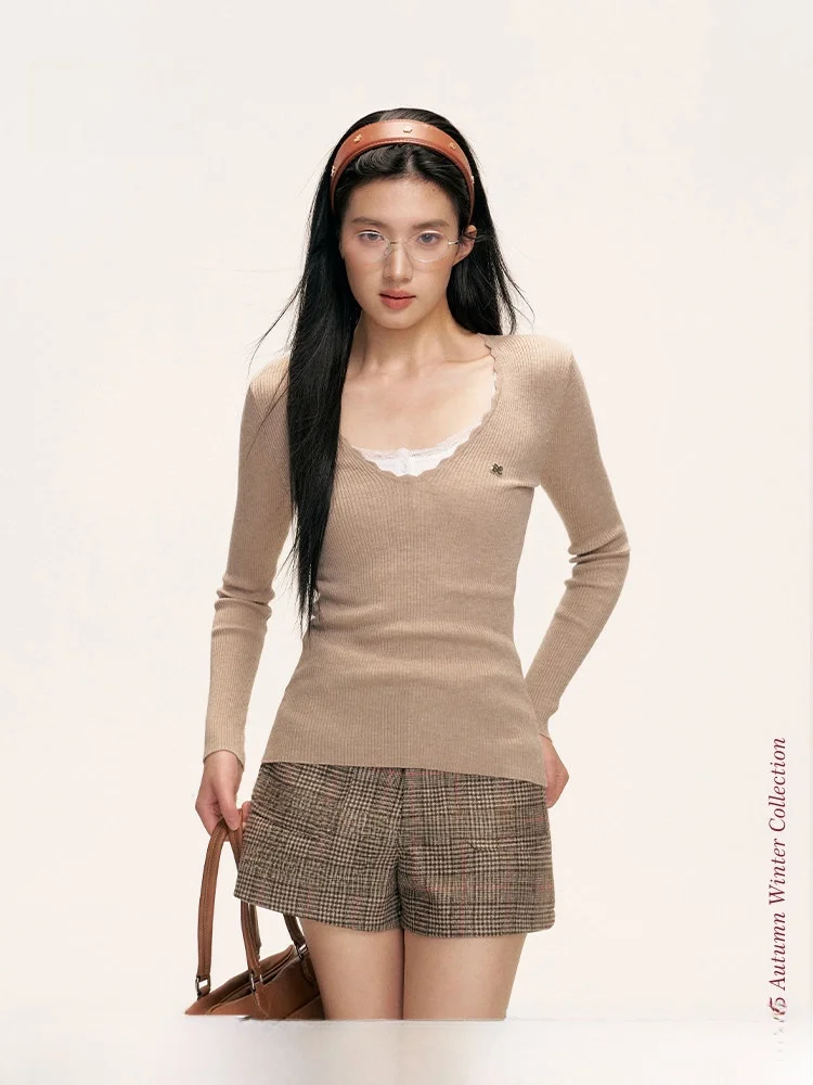 

Liilou Clean Fit Wool Blend Long Sve V-Ne Knitted Slim Fit Base irt Wave Ci Walk Suitable Women's Faion