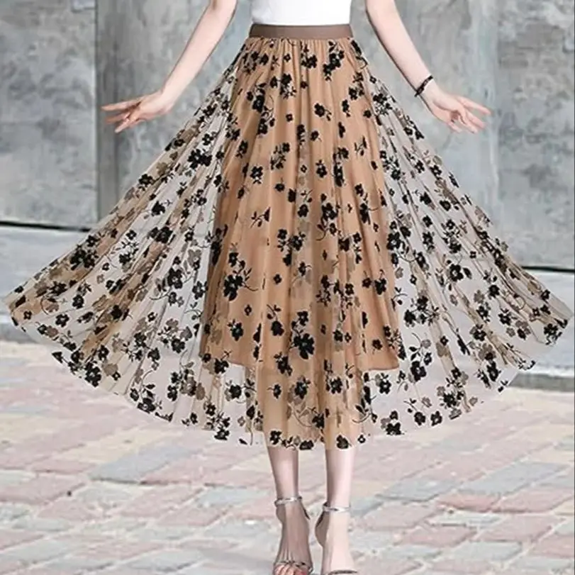 Tulle Skirts for Women Elastic Mid Waist Layered Floral Print Brown Skirt Mesh A- Line Midi Skirt Petticoat Skirts Tea-Length