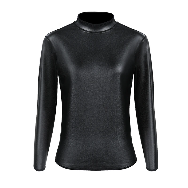 Women Stand Collar Leather Long Sleeves Shirt Motorcycle Top Body Shaper Waist Trainer Slim Tshirt Fashion Casual Shapewear Tops