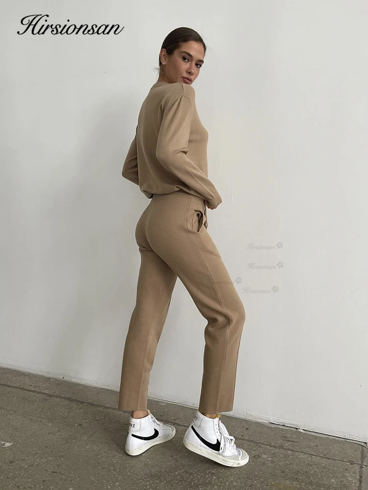 Hirsionsan Winter Cashmere Women Knitted Suits Soft 2 Pieces Cusual Female Sets O Neck Sweater & Harem Pants Knitted Outfit 2023