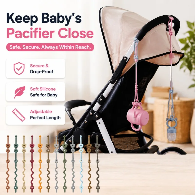 Silicone Pacifier Chain Clip with Safety Straps for Stroller, Highchair & Car Seat - Adjustable Length, Durable Baby Pacifier