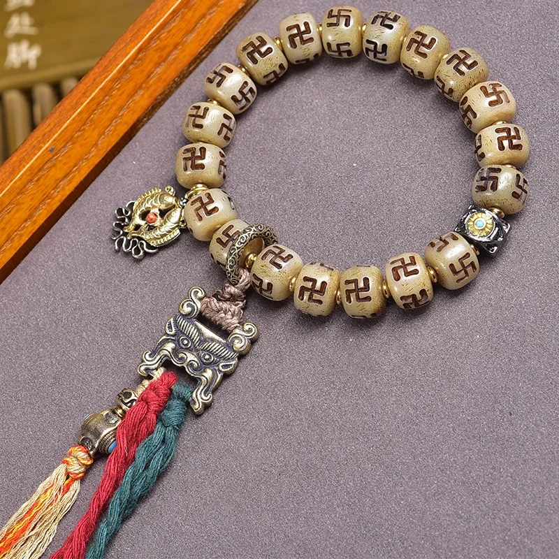 

Тибетский стиль, резьба по верблюжьей кости с обратным потоком, десять тысяч символов, браслет, бусины в стиле ретро, мужская и женская многокруглая ручная веревка