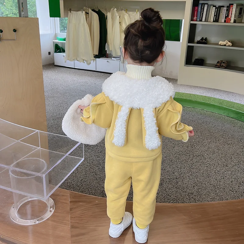 Children Winter Clothing Sets for Baby Girls Coats Pants Cartoon Rabbit Kids Clothes Outfits Thickened Plush Infant Tracksuits