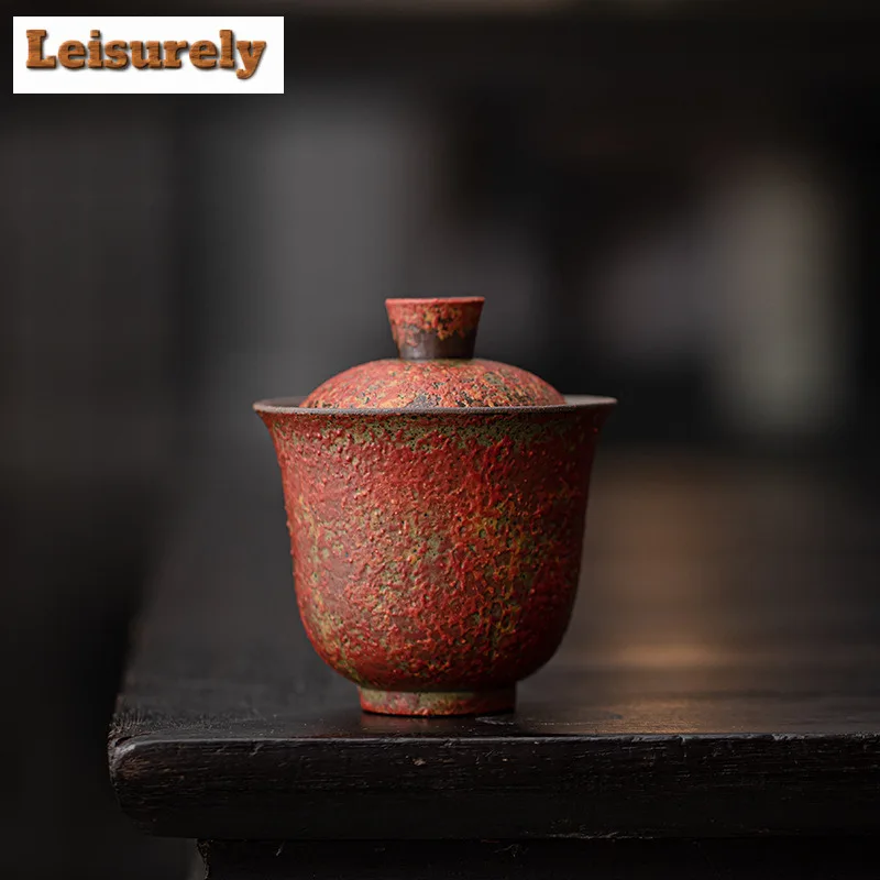 130ml cambio de horno rojo viejo roca barro Gaiwan Retro té Tureen tazón de té con tapa Kit tetera cubierta tazón Kung Fu juego de té Decoración