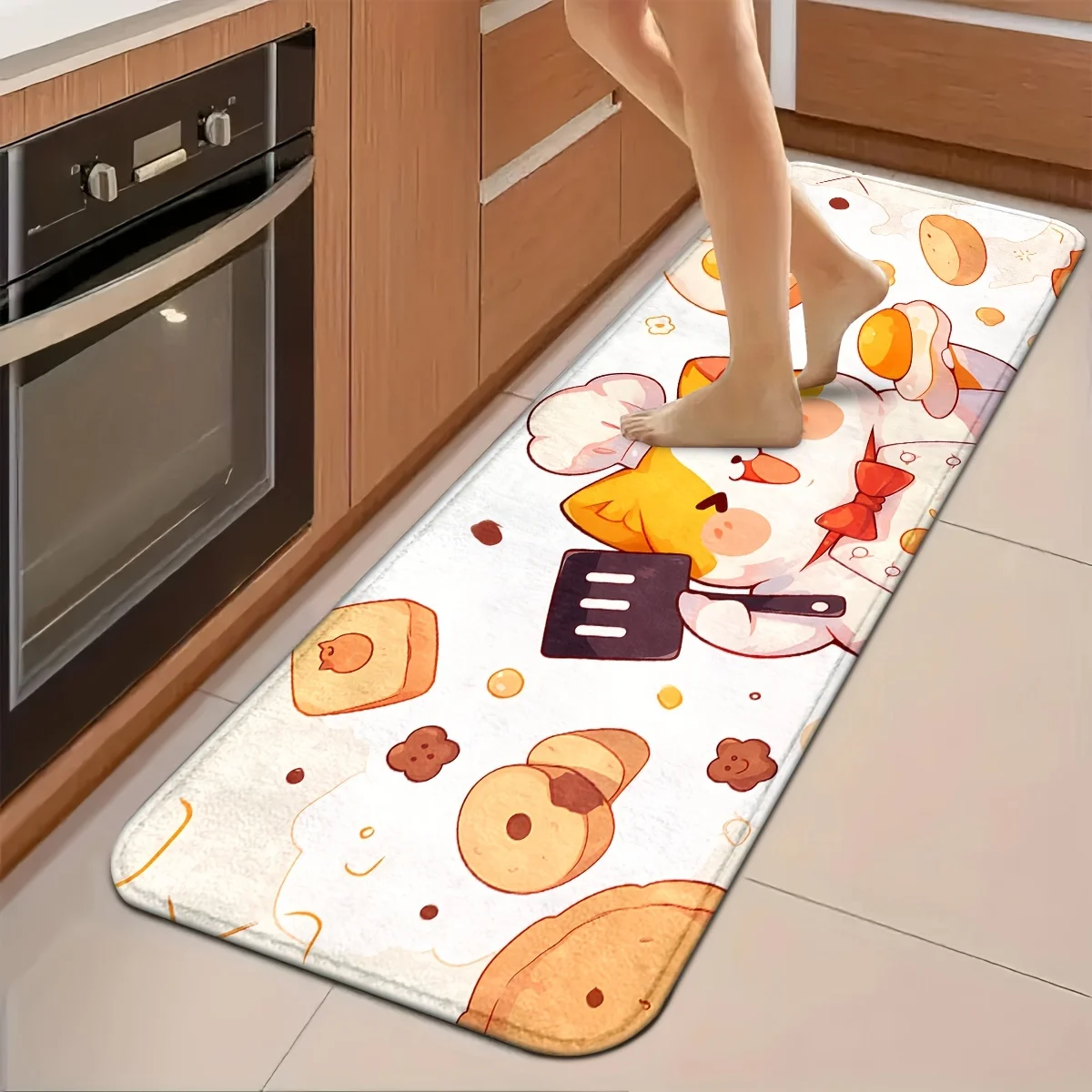 Cute Chef Cat Kitchen Runner Rug Set, Cartoon Kitten Cooking Egg Bread Non-Slip Absorbent Floor Mats for Entryway Bathroom
