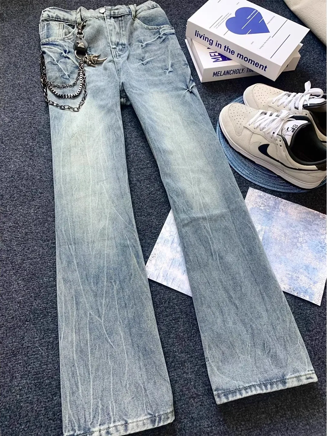 

Синие джинсы в американском стиле High Street Vibe Waed adient с узором в виде молнии, мужские прямые брюки с высокой талией, длинные брюки