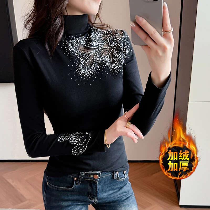 

Новинка, корейский, стиль, с флисом, футболка, шикарный, сексуальный, водолазка, пэчворк, кружево, полые, бриллианты, женские, топы, футболки с длинным рукавом, 5112702