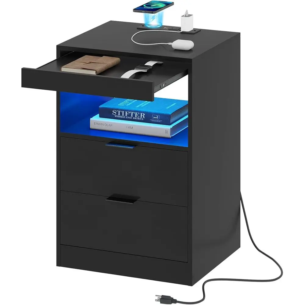 

Wireless Charging Nightstand with LED Lights, Dual Drawer Bedside Table, Open Shelving, Pull-Out Tray, Side Table with Charging