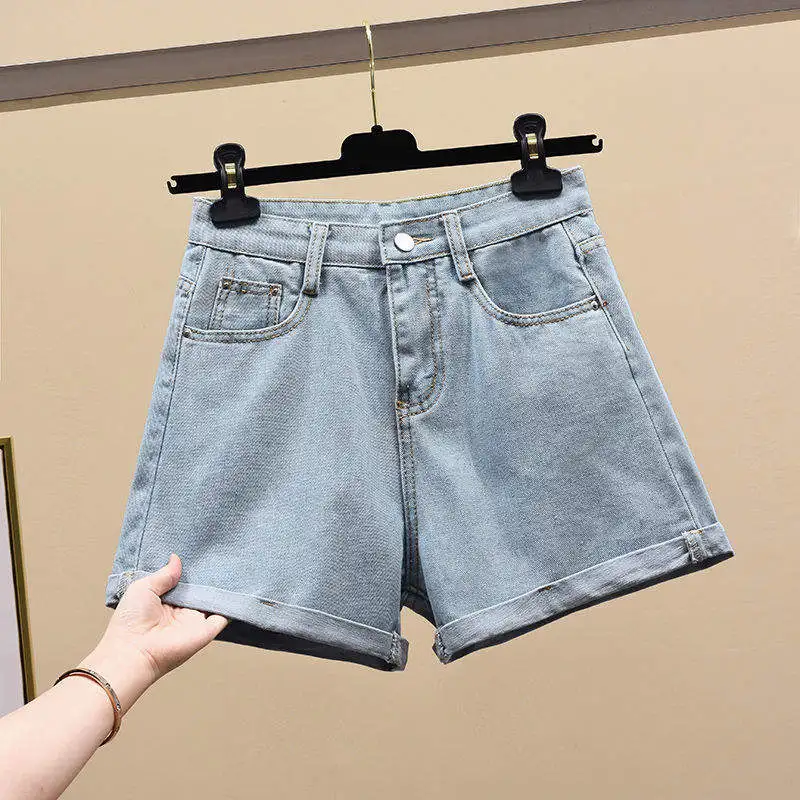 High Waist A-Line Denim Shorts Women's Summer  Fashion Loose Fit Slimming Korean Style Turn-Up Versatile Casual Shorts