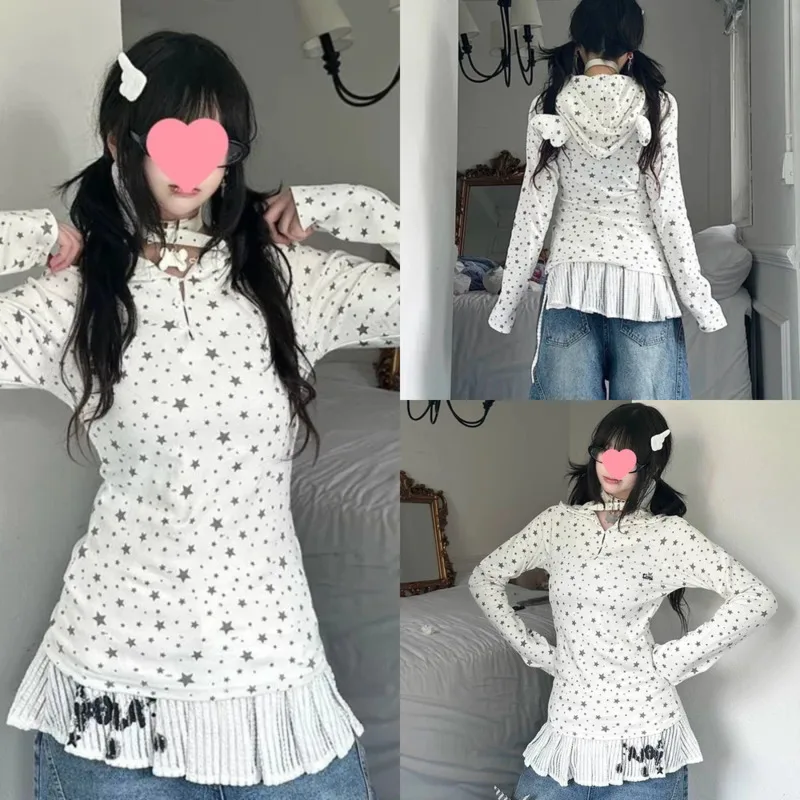 

Y2K Aesthetic Harajuku Star Printed Wing Hoodie Top Jacket Women Autumn American Printed Striped English Base Shirt Coat Top New