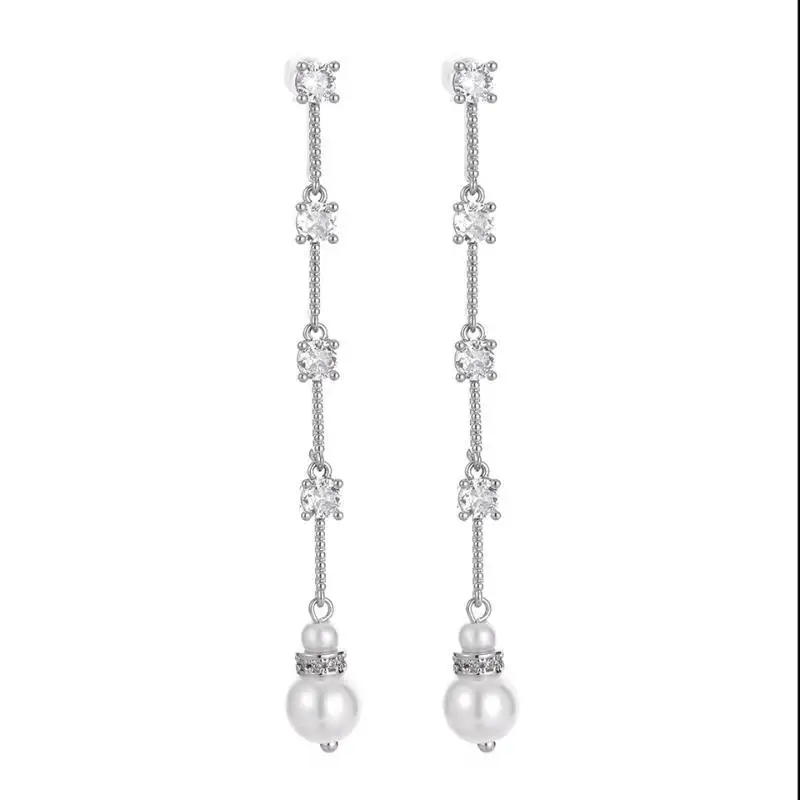 Uilz Long Crystal Tassel Imitation Pearl Dangle Earrings For Women Silver Color Wedding Earing Unique Design Jewelry Gifts