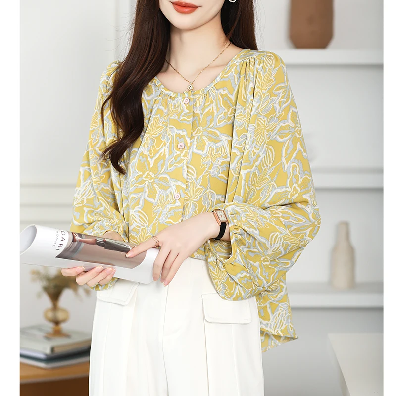 Women Spring Korean Loose Vintage Floral O-neck Long Sleeve Shirts Women Clothes Casual All-match Fashionable Appear Thin Tops