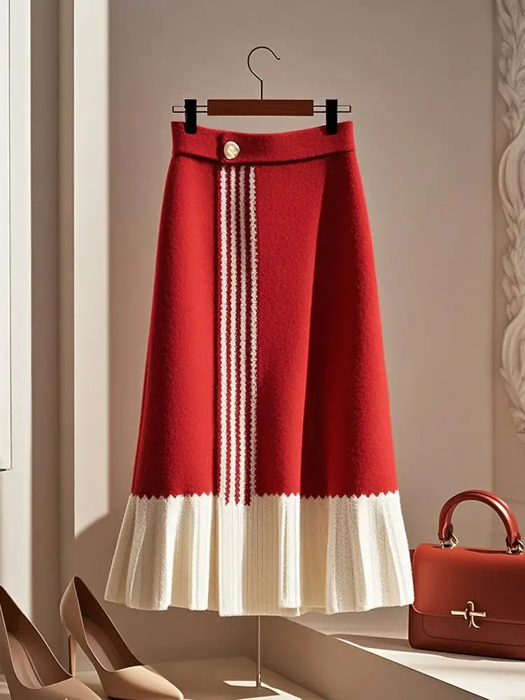 

High Waist Draped Woolen Skirt Elegant Ageless Red Half-length Women's Fashion Autumn 2024 A-Line Midi Pure Color Skirt
