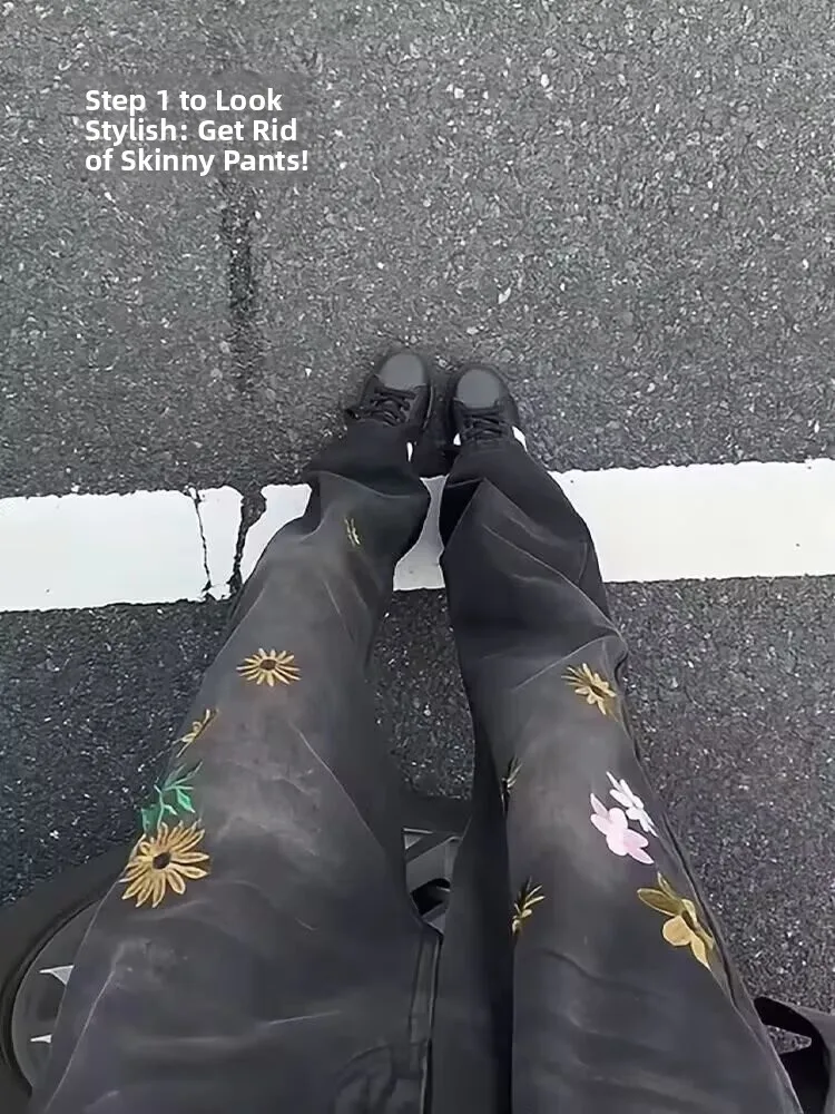 

Мужские повседневные джинсы прямого кроя со средней посадкой, с вышивкой, расклешенные, широкие брюки в американском стиле для осени