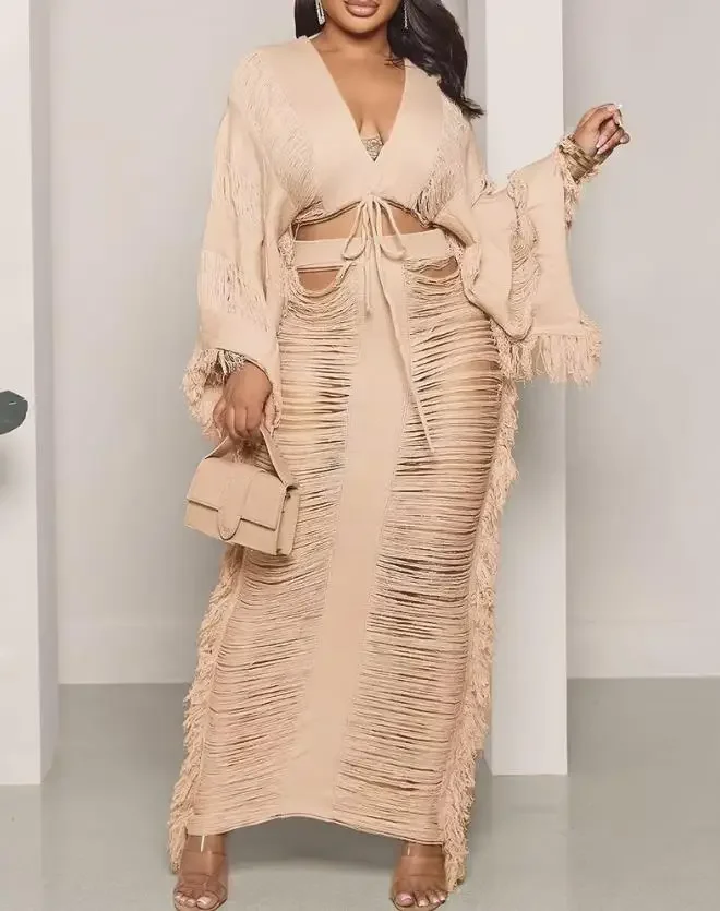 CPSYMYM – ensemble deux pièces pour femmes, tenue d'été ajourée, col en v, manches longues, haut court et jupe Maxi quotidienne unie, Sexy