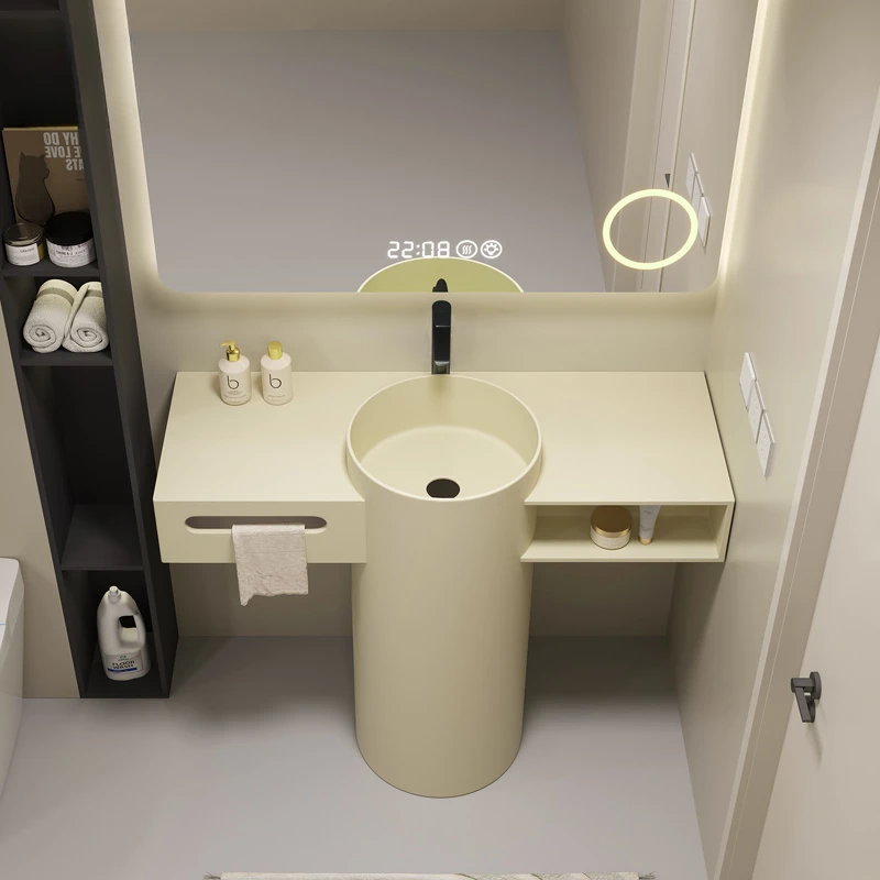 Cream-style toilet Corian artificial stone round column washbasin integrated floor-to-ceiling sink