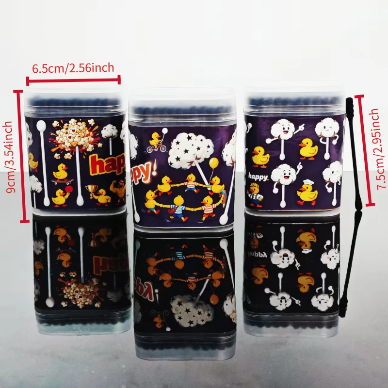 성인용 작은 노란색 오리 모양의 양면 면봉 300개, 창의적인 작은 노란색 오리 요소 검정색 면봉 스틱