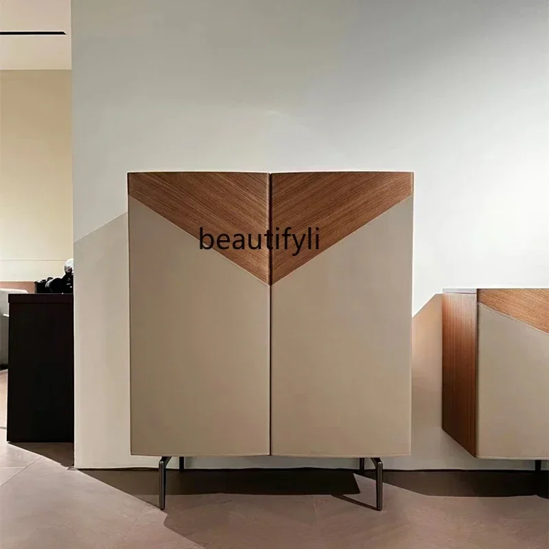 

Vsaddle leather dining side cabinet, Italian chest cabinet, black walnut solid wood TV, light luxury vertical cabinet