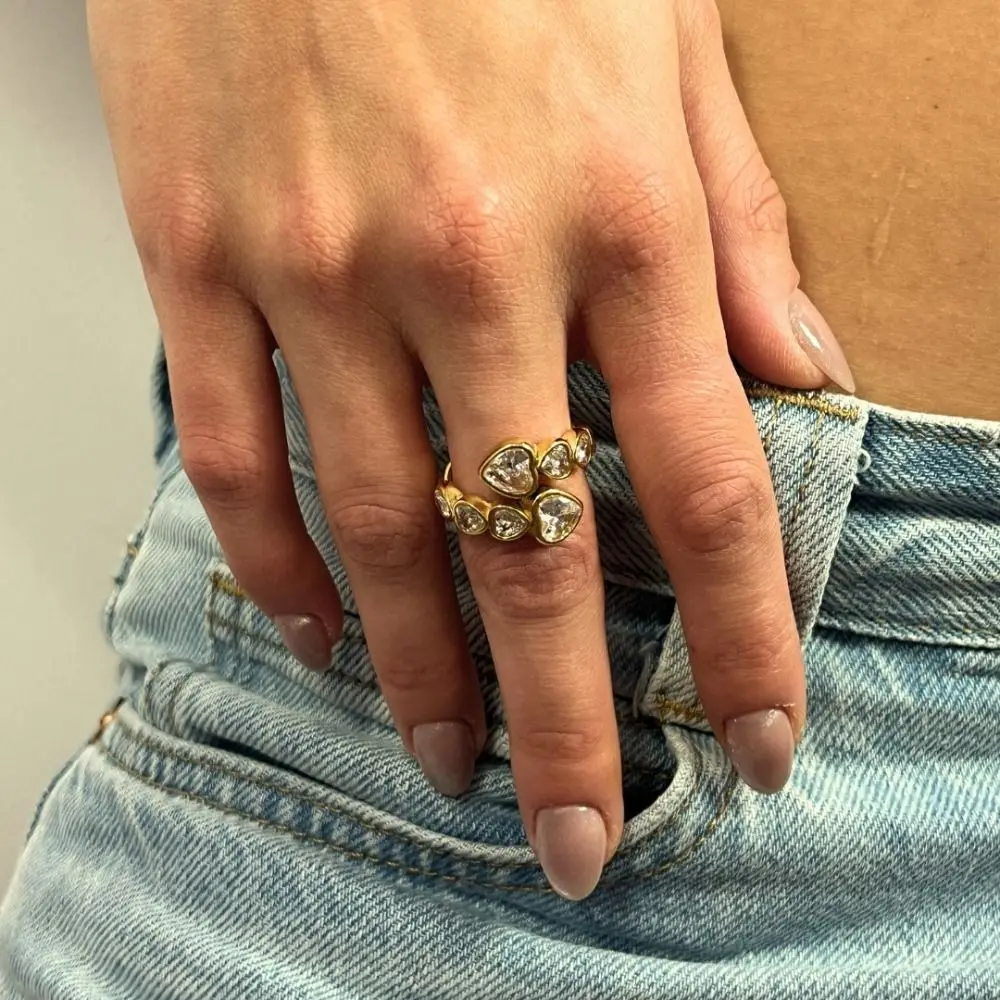 Anillo abierto de acero inoxidable con diseño de línea, anillo asimétrico a prueba de óxido chapado en oro de 18 quilates, anillo de circonia cúbica ajustable brillante para vacaciones