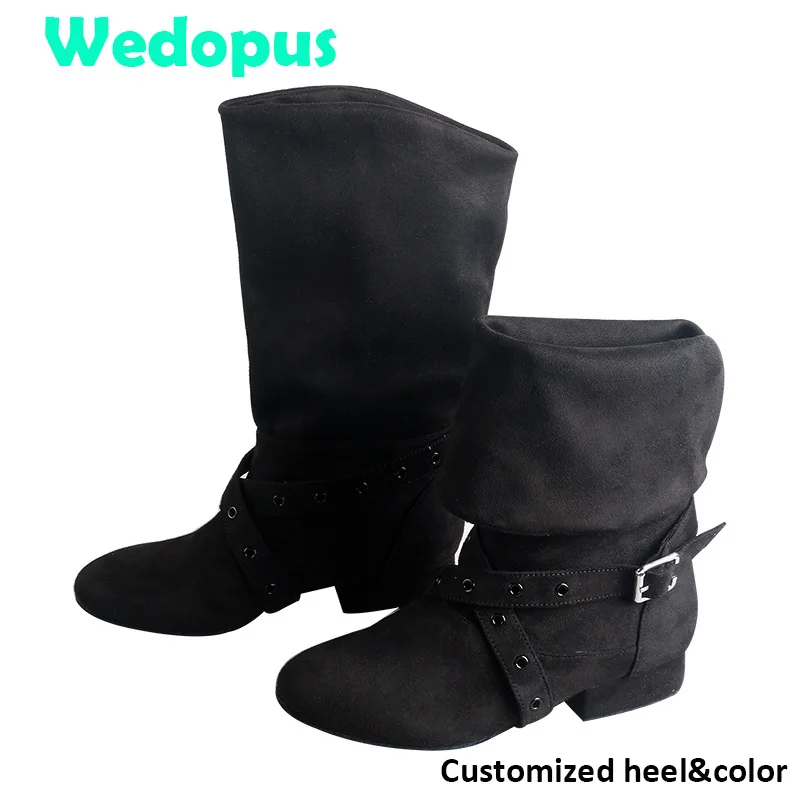 

Wedopus Customized Close Toes Dance Boots Winter Slip on Line Dancing Boot Black Suede No Zipper Sepatu Boots Line Dance