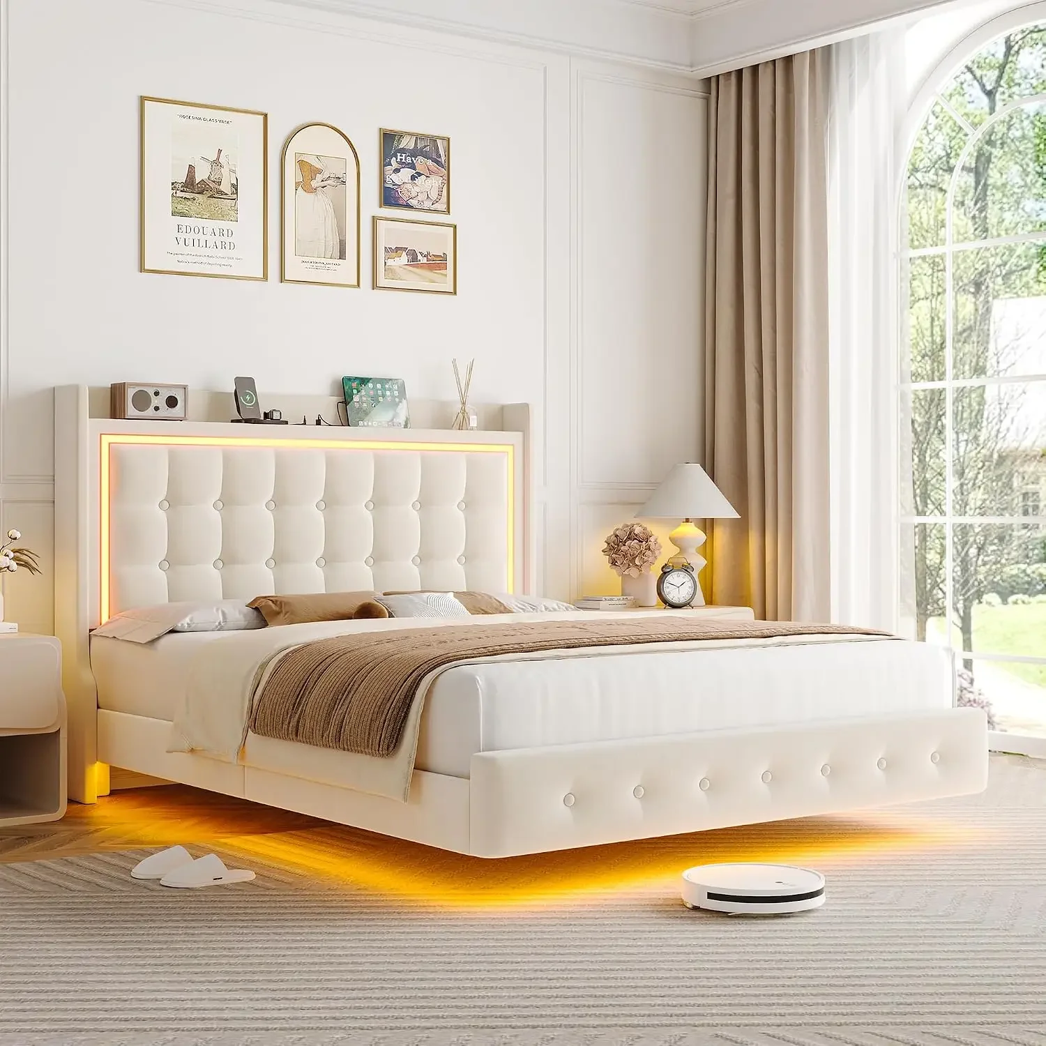 Queen Floating Bed Frame with Storage Headboard, LED Lights & Charging Station Platform Bed, Soft Upholstered Velvet