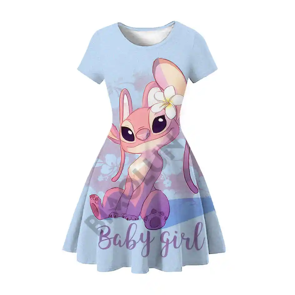 2024 sommer Neue Casual Mode Niedliche Prinzessin Kleid 3D Druck Disney Stich Rundhals Kurzarm Prinzessin Kleid