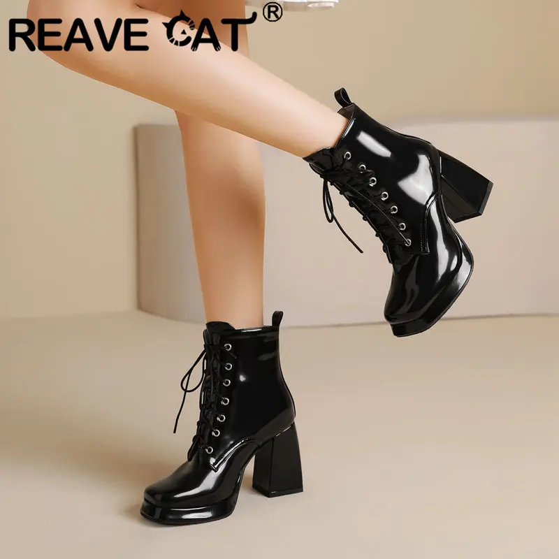 REAVE CAT Design Elegant Women Ankle Boots Toe Block Heels 9cm Lace Up 45 46 Office Lady Fashion Booty