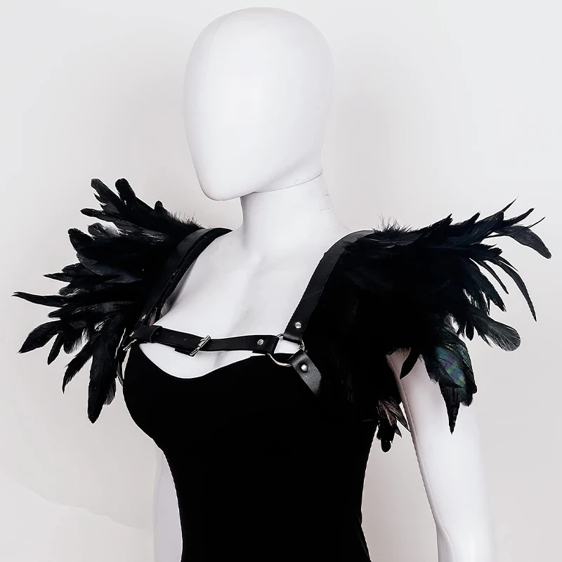 Gothic Feather Shawl Fashion Feather Tie Strap Punk Harness Cape Feather Epaulette Party Nightclub Halloween Cosplay Accessory