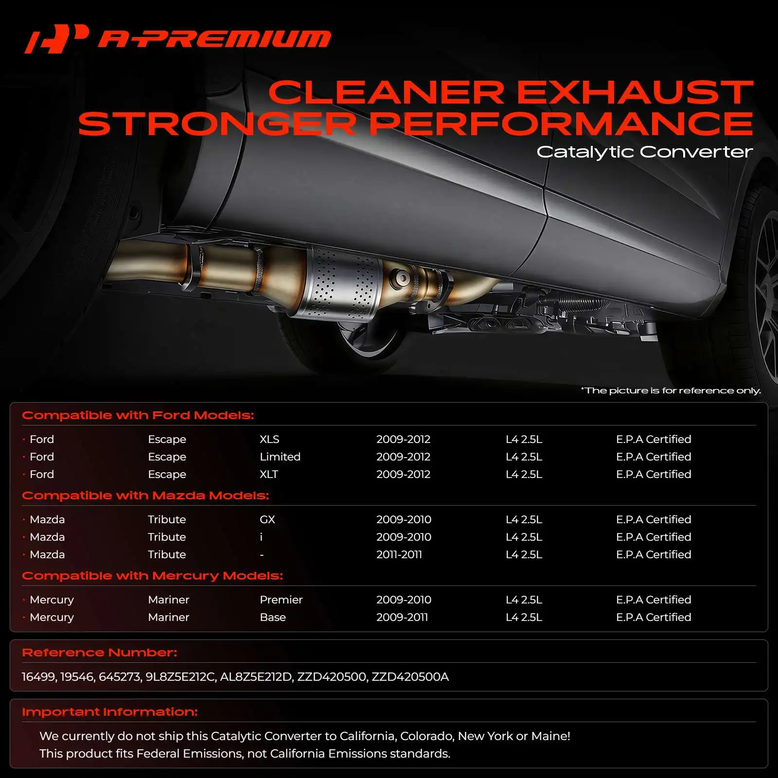 A-Premium Rear Catalytic Converter for Ford Escape 2009-2012 Mazda Tribute 2009-2011 Mercury Mariner 2009-2011