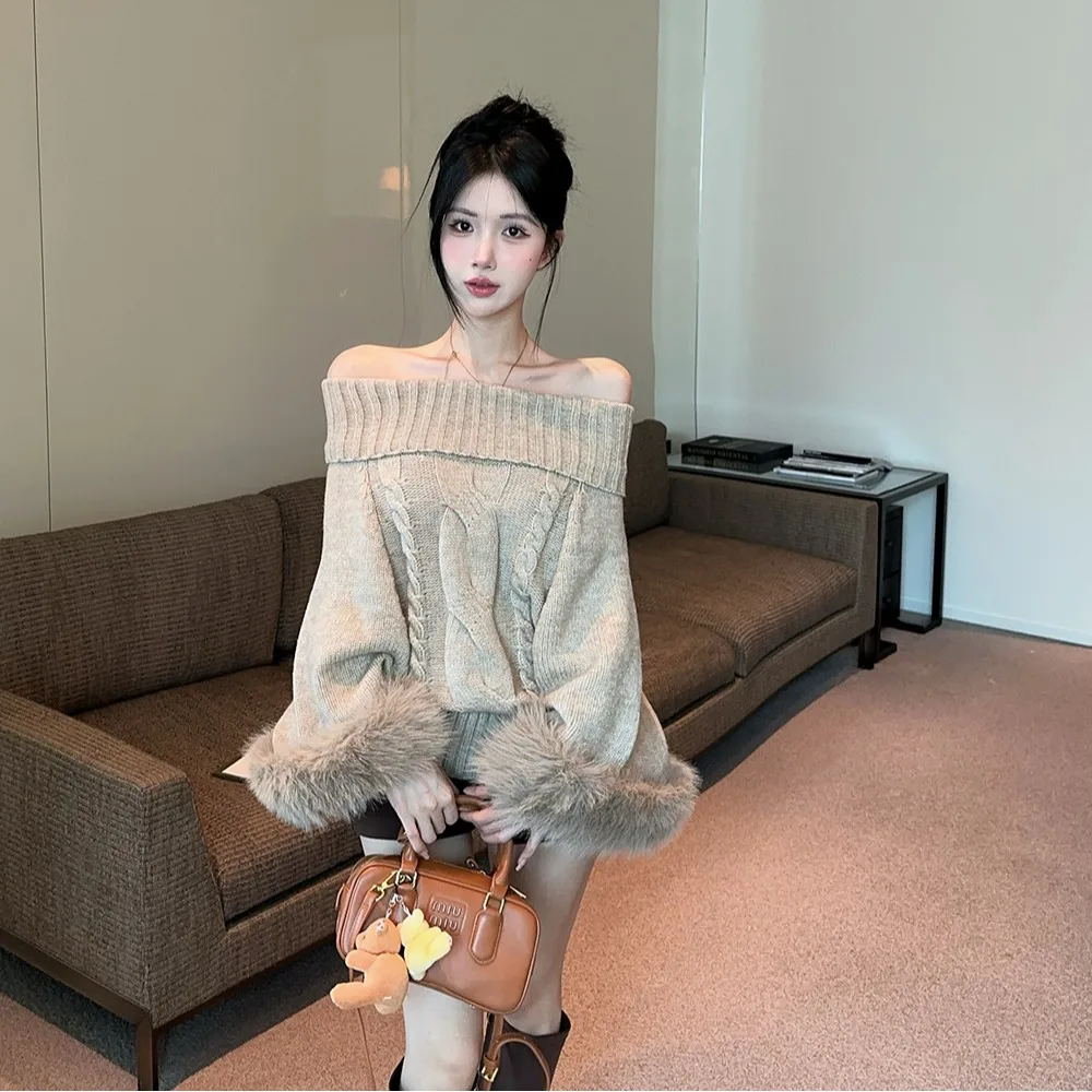 Automne hiver nouveau pull tricoté pour femmes Faion Twist oulder fourrure épissage Long Sve coupe ample doux moyen Kni...