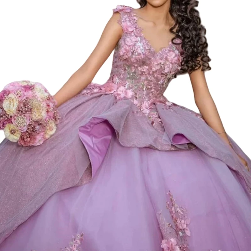 Cinderalla-vestidos De quinceañera con cuello en V para niña, Vestido De baile Floral con cordones, fiesta De cumpleaños De graduación, dulce, De lujo, encantador, 16