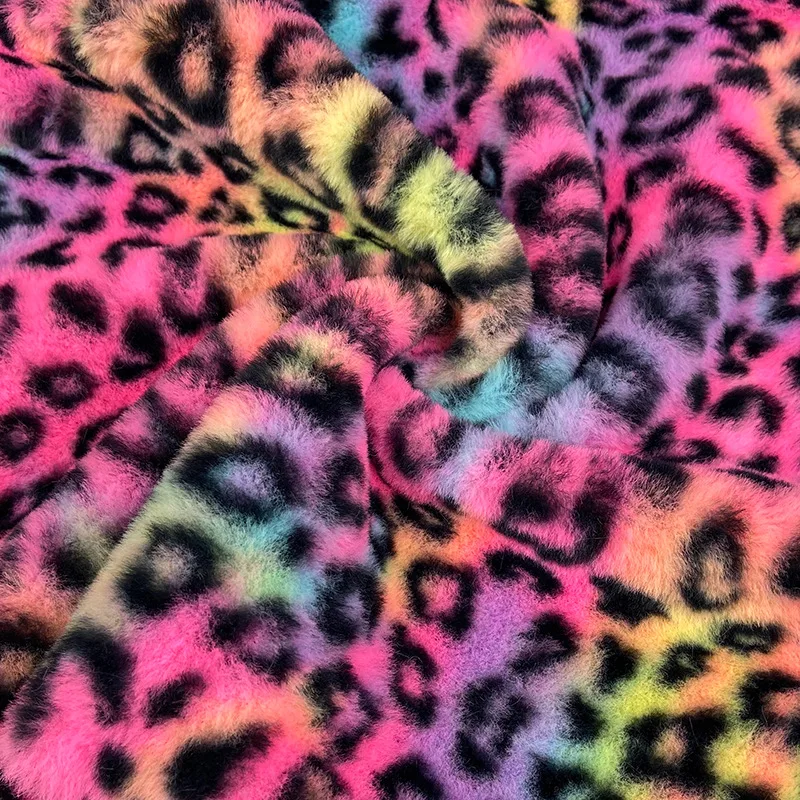 Rainbow Colourful Imitation Rabbit Fur Fabric Leopard Pattern Soft Faux Fur Fabric For Sewing Pillow Backpack Shoes Bag Toys