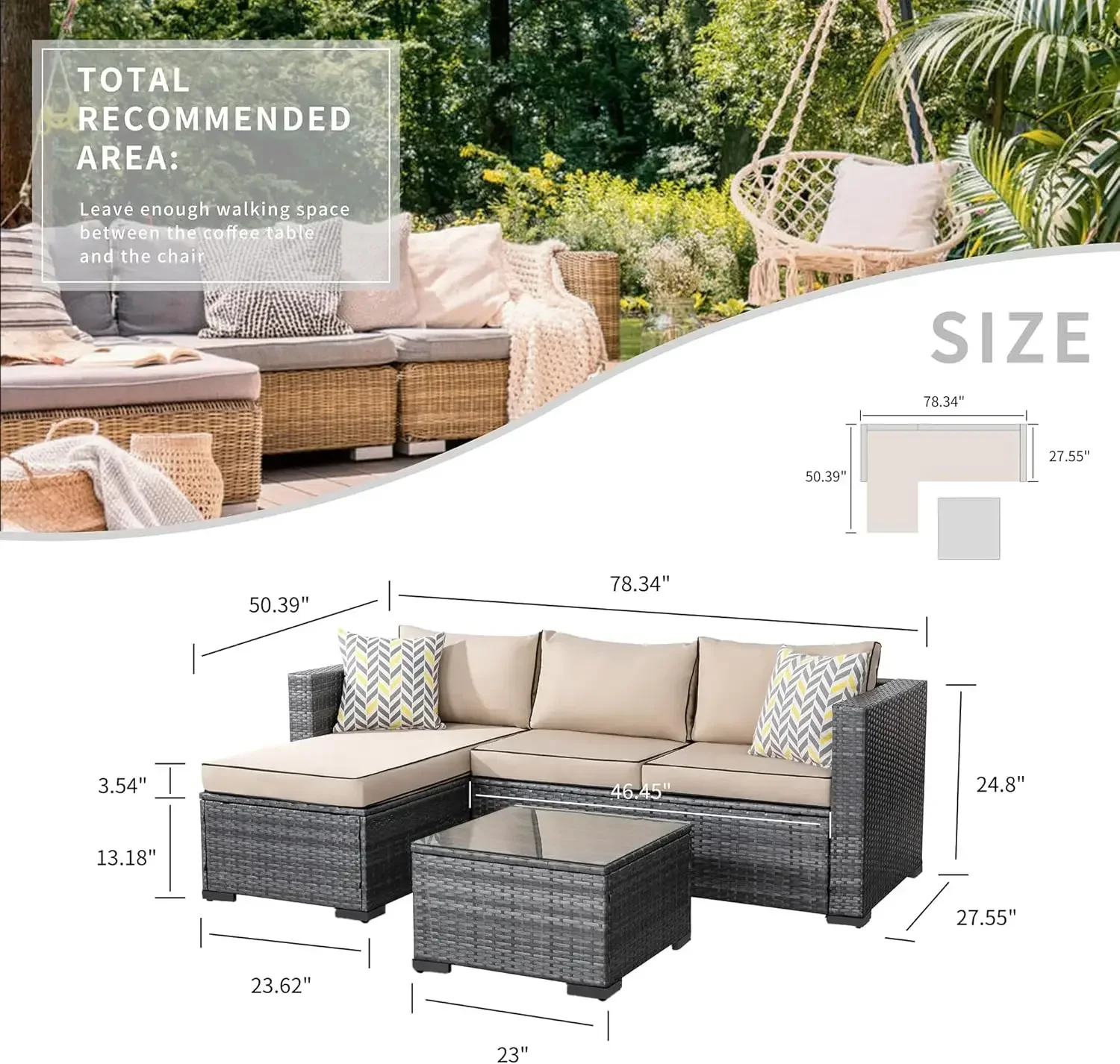 Rattan ao ar livre sofá secional com mesa de chá e almofadas, All-Weather Patio Móveis Sets, Upgrade