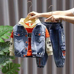 Leisure Spring and Autumn Boys' Set Children's Cowboy Tank Top Hoodie Jeans Three Piece Set Boys' Set Children's Set