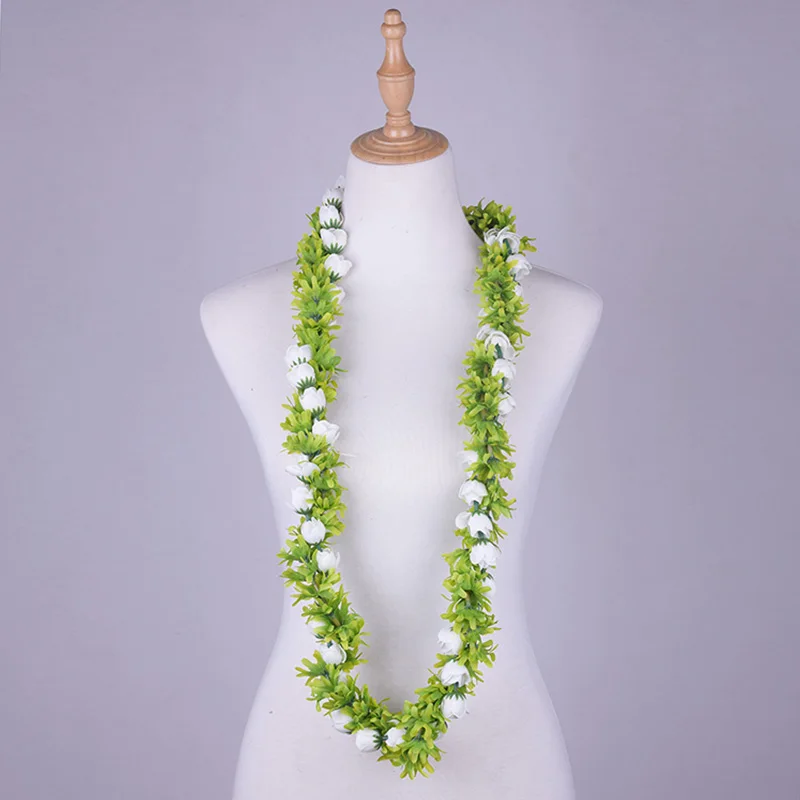 Popularny sztuczny jedwab Rosebud Greenrose Lei podwójne pleciony naszyjnik hawajska girlanda wieniec w stylu polinezyjskiego Samoan