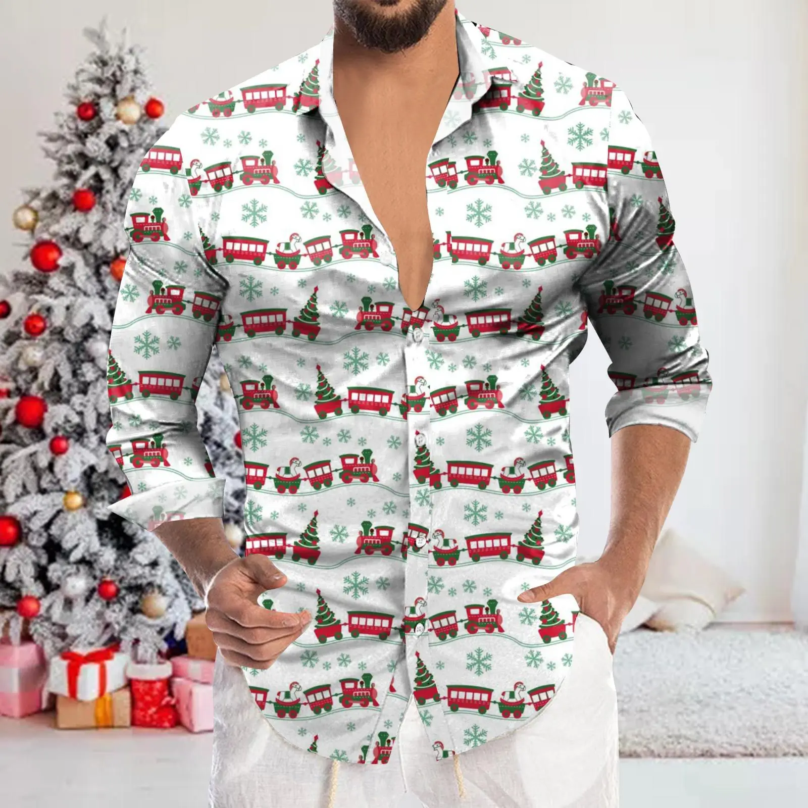 Men's Shirt Merry Christmas Print Long Sleeve Shirt For Men Vacation Party Luxury Y2k Hawaiian Smooth Clothes Streetwear Blouse