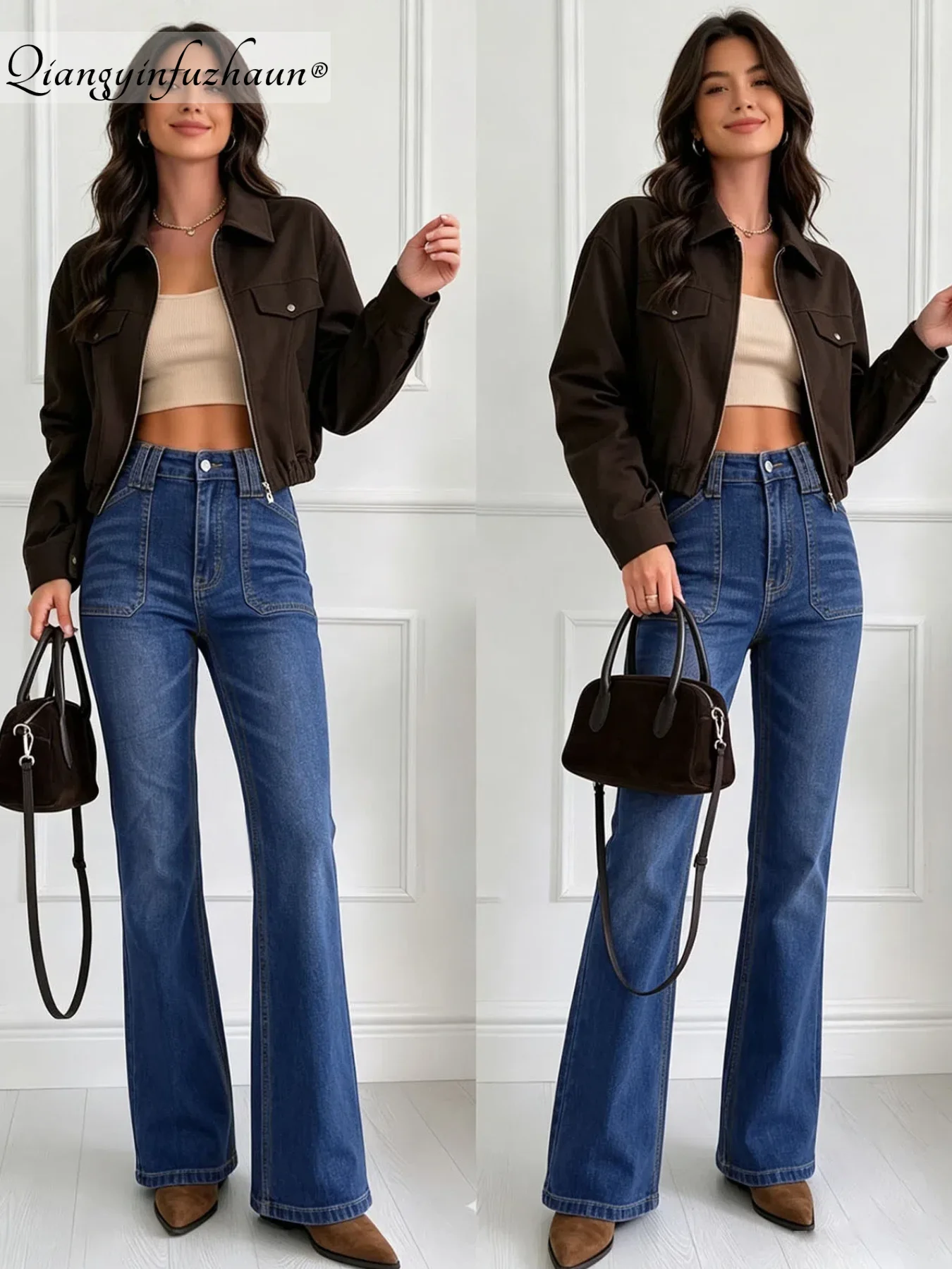 The Lady Is Wearing a Mid-Thigh High-Waisted Denim Pants in a vintage Blue Color. The Pants Feature a Pocket with a Flap and a S