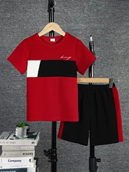 2pcs Boys Casual Colorblock Short Sleeve T-shirt & Shorts Set, Comfy Summer Kids Clothes