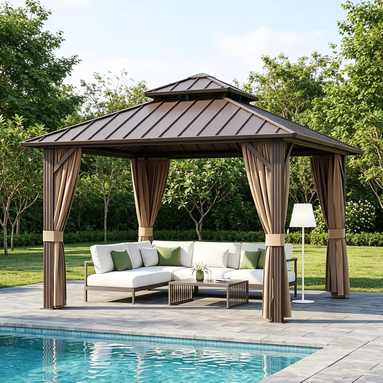 10x10 ft Hardtop Gazebo Outdoor Aluminum Patio Gazebo Double Roof Galvanized Steel Canopy with Netting and Curtains for Garden,