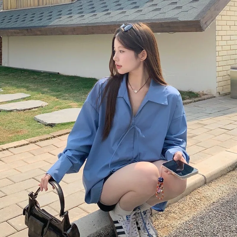 ديبتاون الأزرق الدانتيل يصل الخامس الرقبة النساء القمصان خمر طويلة الأكمام الكورية موضة فضفاضة البلوزات بلون عادية الفرنسية أنيقة