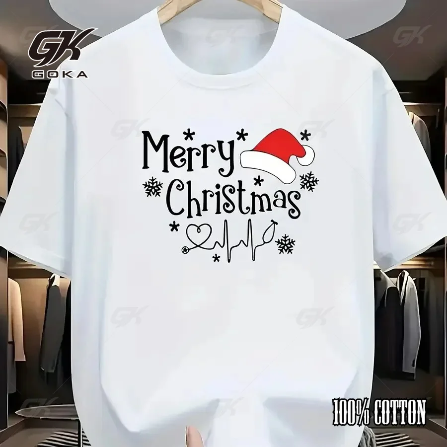 Merry Christmas Nurse Santa Hat EKG Stethoscope Graphic T-Shirt White Casual Crewneck Unisex Clothes Round Short Sleeved Tops
