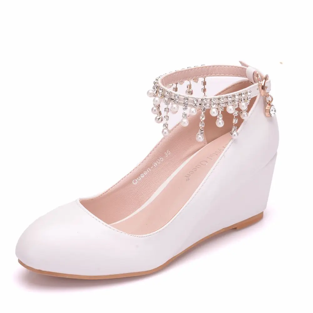 Crystal Queen High Heels Ankle Strap Women Pump Wedge 5CM Sapato Feminino  Dress Shoes