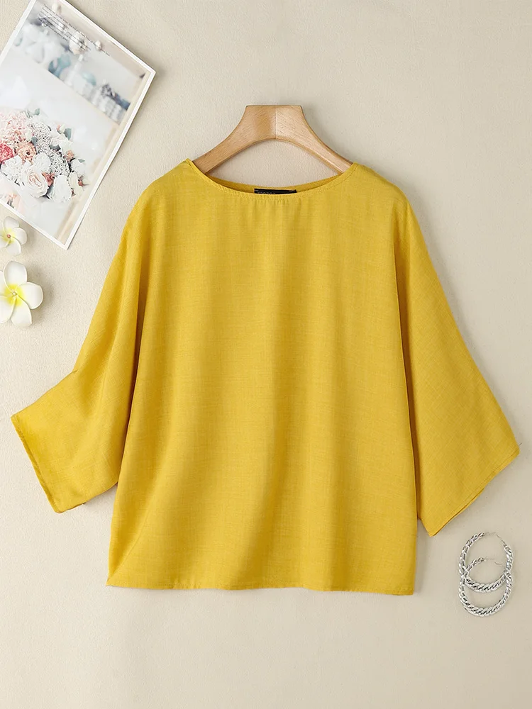 

ZANZEA Casual Women's Blouses 2025 Summer Ladies O-Neck 3/4 Sleeve Solid Color Loose Smock Tops Everyday Plain Blusas Mujer