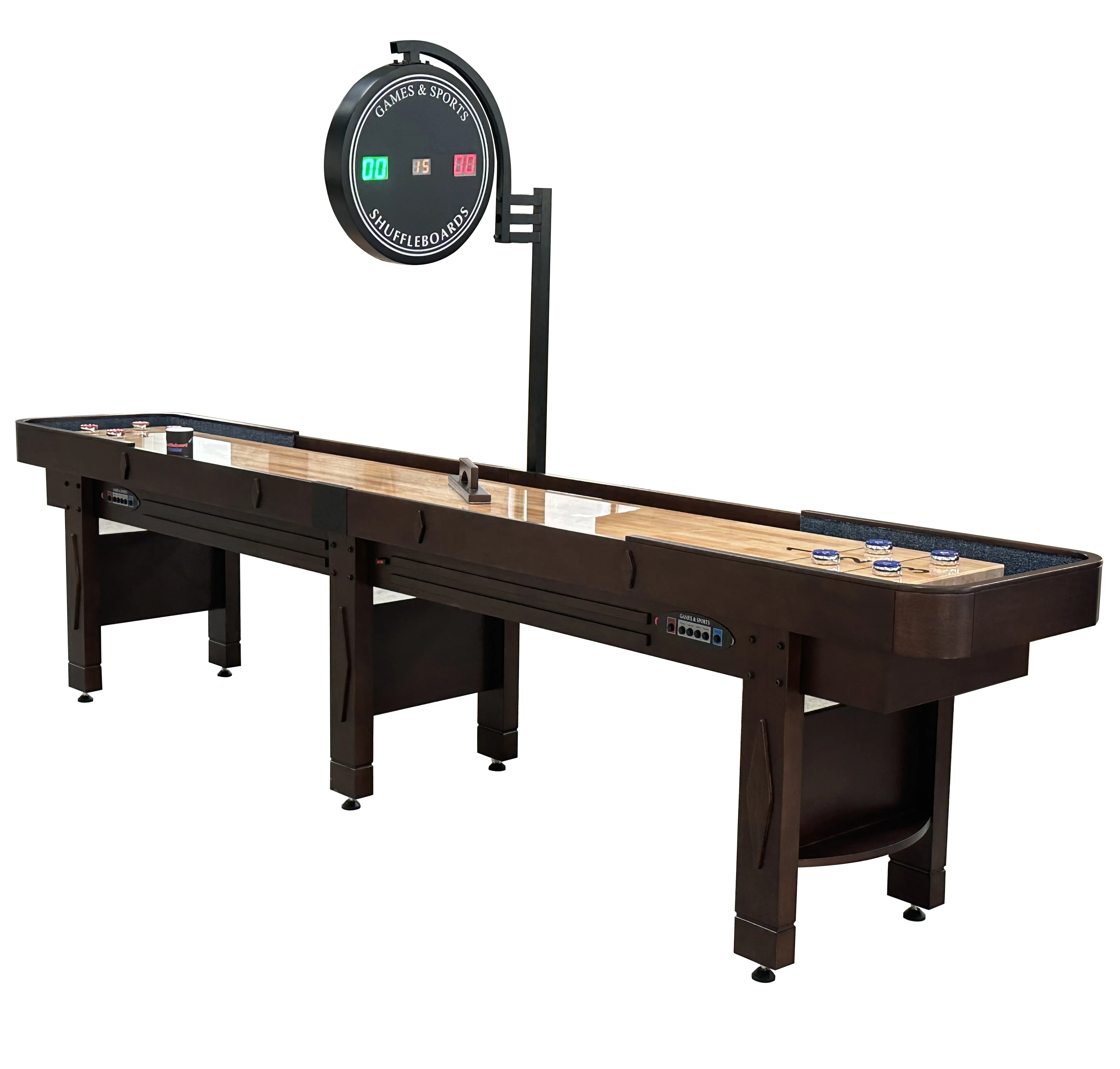 12 ft solid wood shuffleboard table with round electronic scorer board