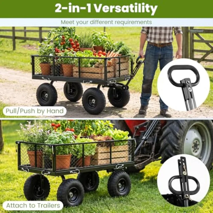880lbs Heavy Duty Garden Cart, Metal Utility Wagon Cart with Removable Oxford Cloth Liner and Mesh Sides, 10