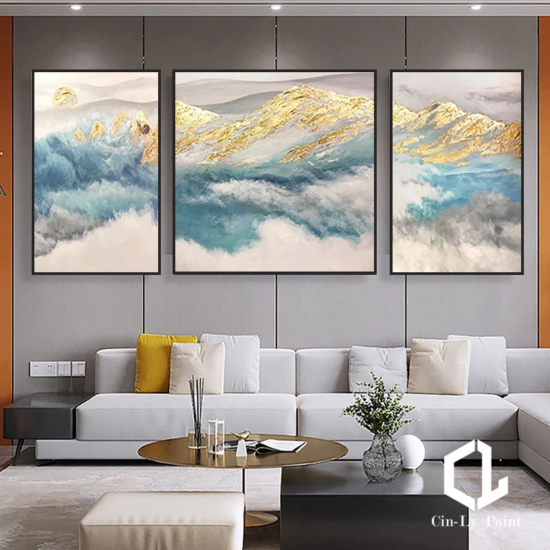 

3 Piece Hand Drawn Abstract Golden Foil Oil Paintings On Canvas Wall Art Picture Home Decor For Living Room Lobby Frameless