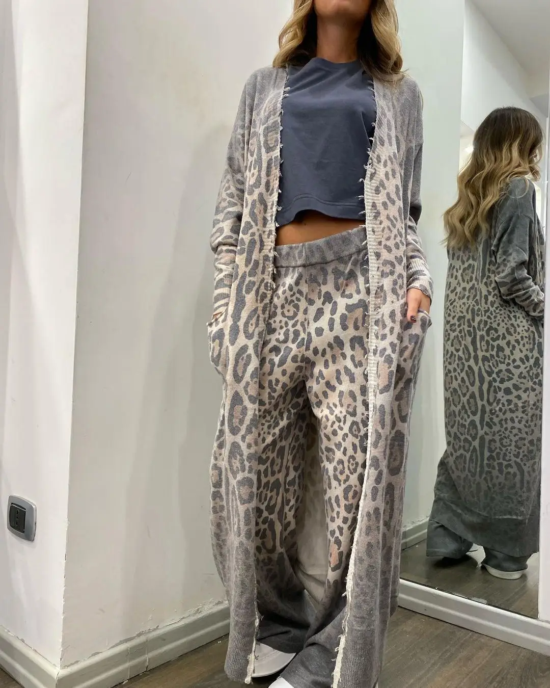 2024 Spring And Autumn New Suit Leopard Print Long-sleeved Cardigan Jacket Trousers Suit Two-piece Set For Women
