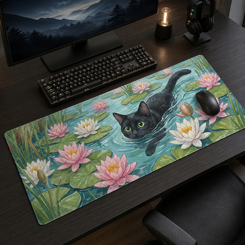 Mouse Pad Gamer Lotus And Black Cat printon demand Home New Custom Mousepad XXL Desk Mats Carpet Natural Rubber Table Mat